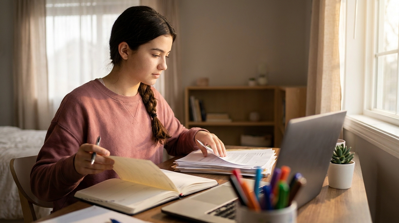 A focused student reviewing her work at her desk