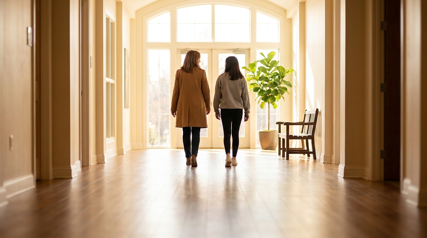 A parent and student walking together through a school hallway