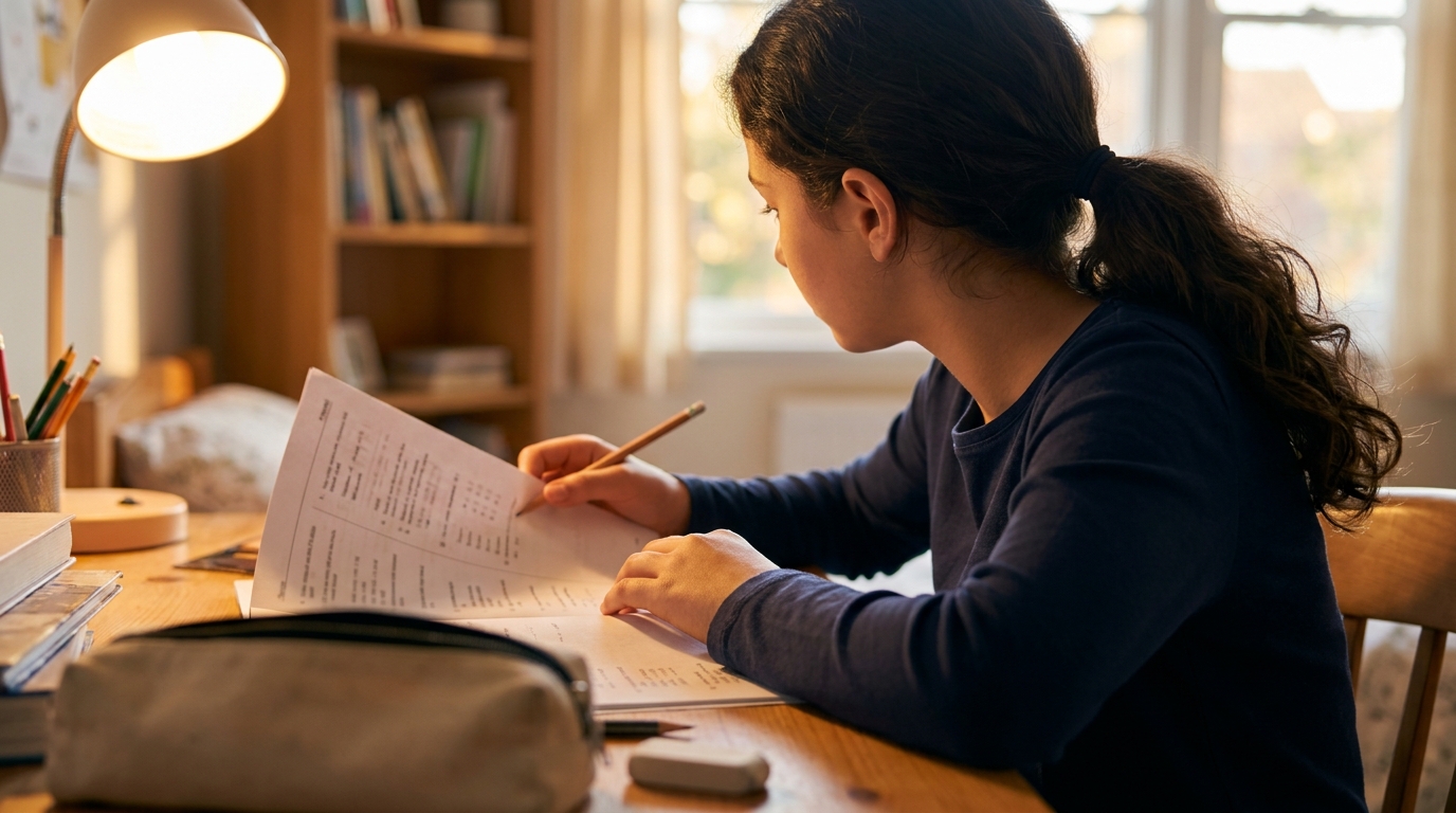 Student completing private school entrance exam practice materials