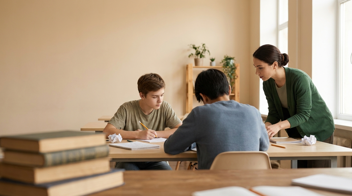 Students writing under timed conditions in a private school classroom