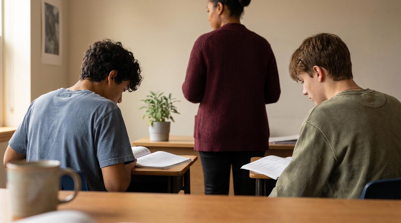 Students focused on standardized test preparation in a private school classroom