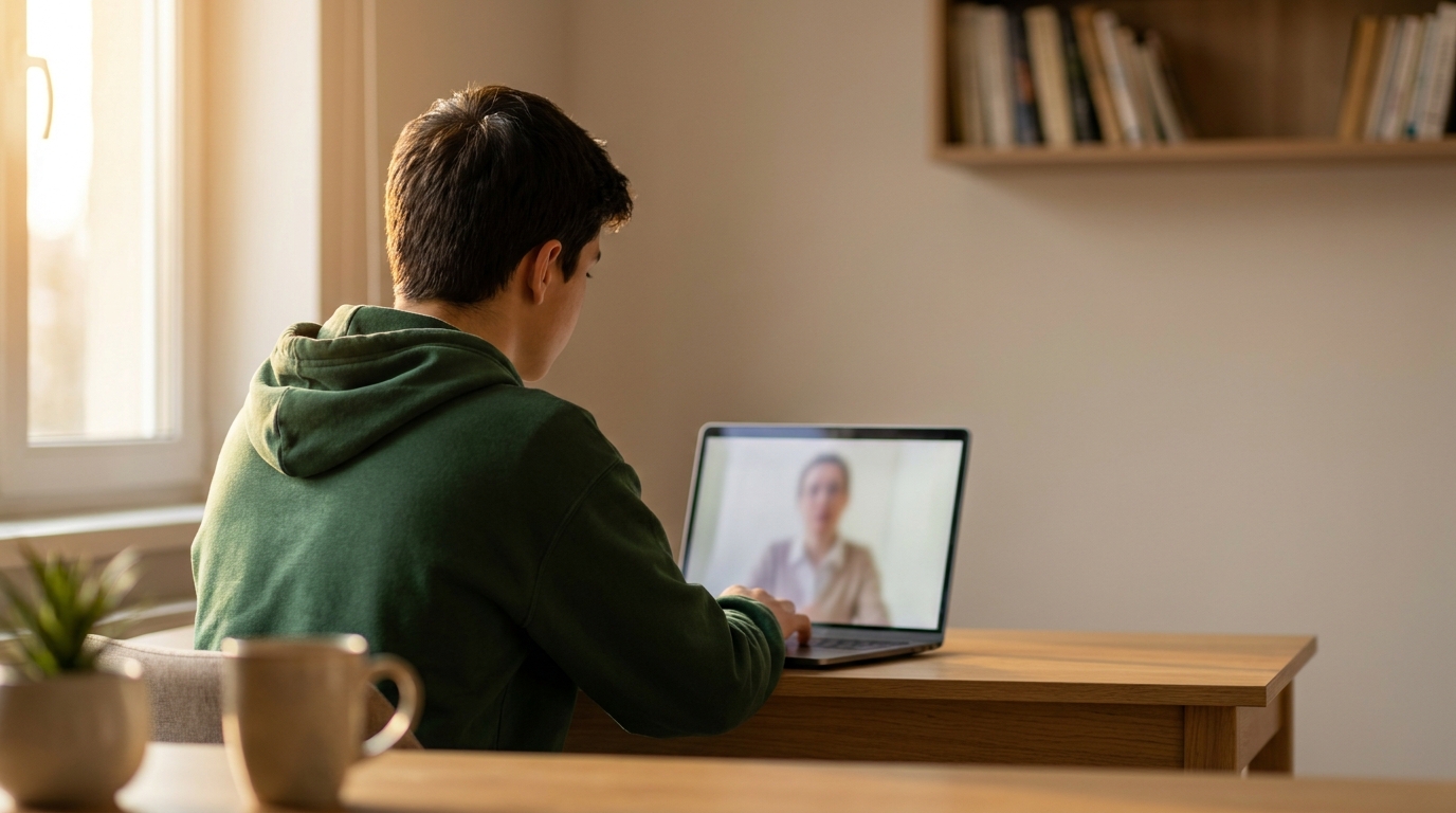 Student taking notes during a one-on-one online tutoring session on a desktop screen