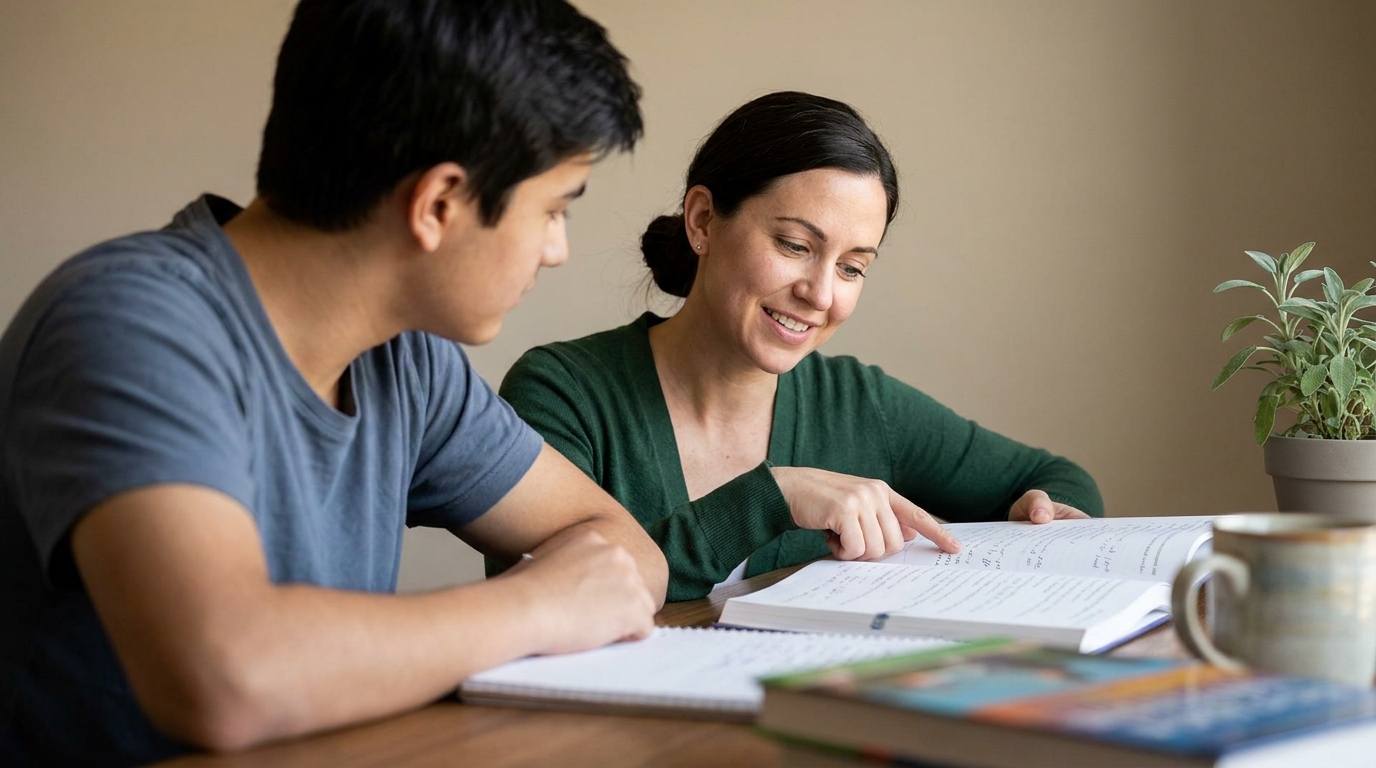 Student receiving one-on-one academic coaching at a desk